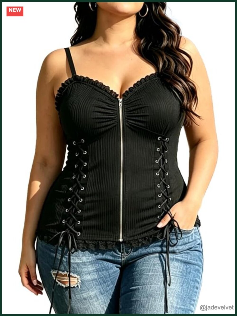 Plus Size Goth Corset Lace-Up Ribbed Tank Top Sleeveless